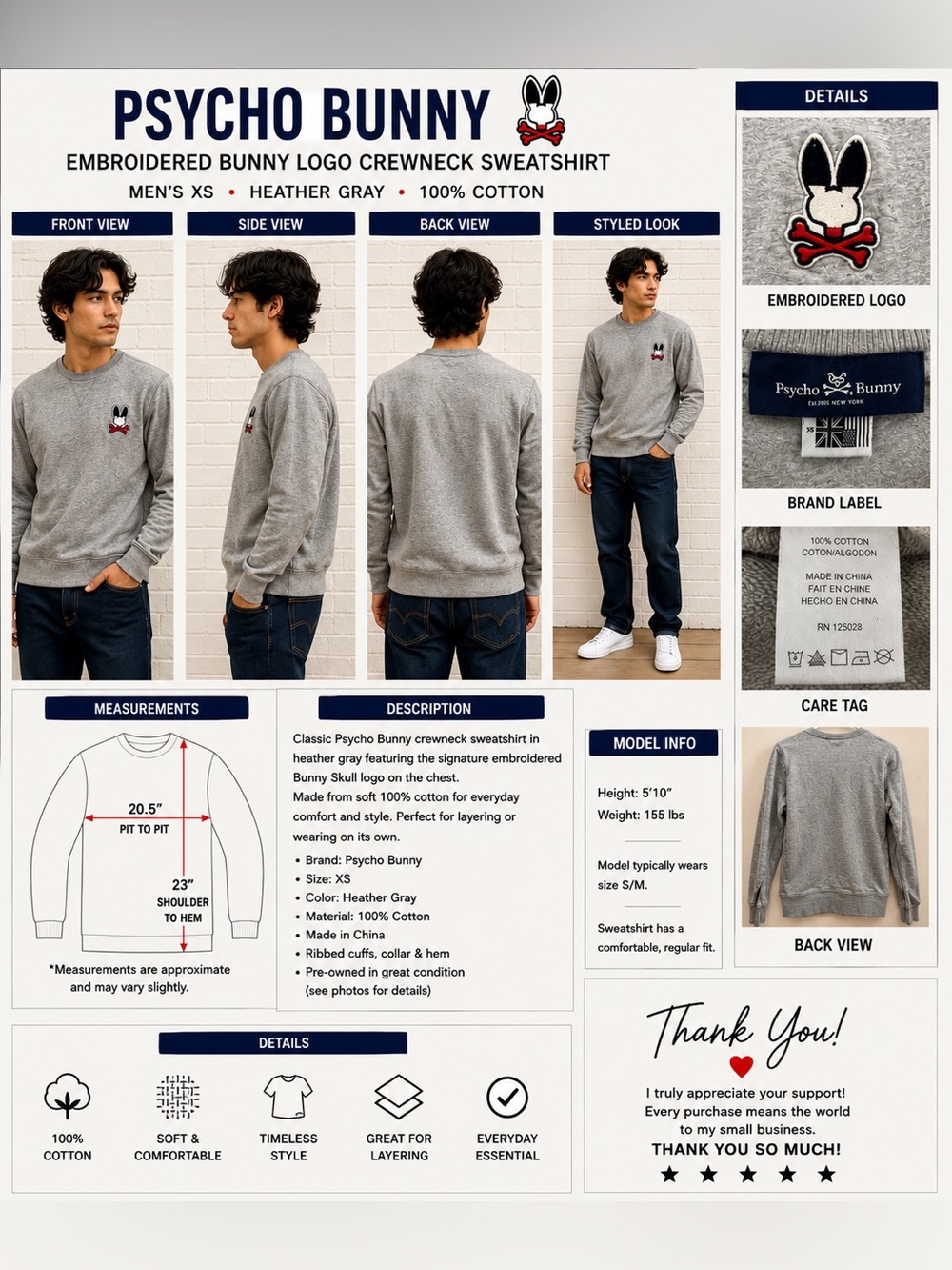 Psycho Bunny Gray Embroidered Bunny Skull Logo Crewneck Sweatshirt Men's XS